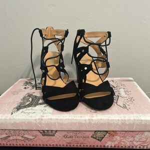 XOXO Black Lace-Up Suede Gladiator Heels